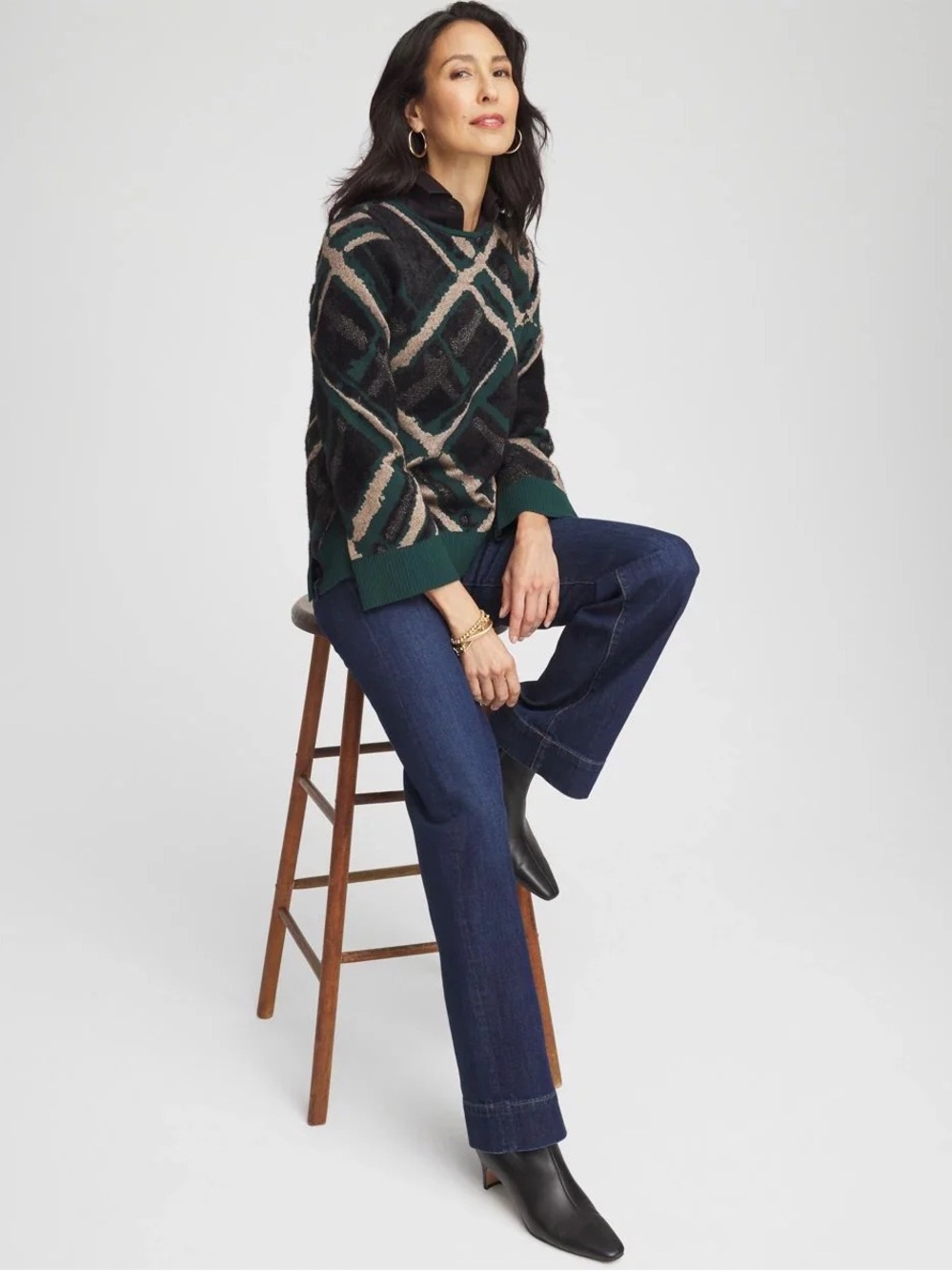 Chico's Eyelash Jacquard Forest Green Geometric Print Sweater Size XL